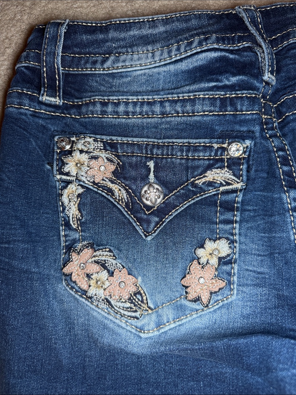 Miss Me Blue Denim Shorts with Floral Embroidery - Picture 3 of 5